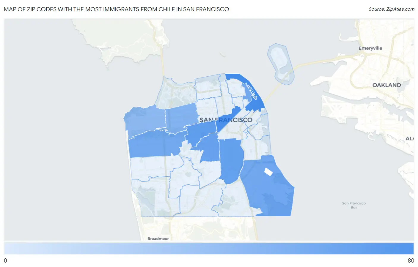 Zip Codes with the Most Immigrants from Chile in San Francisco Map