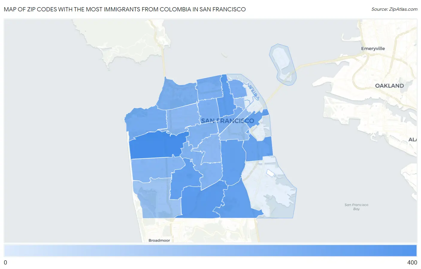 Zip Codes with the Most Immigrants from Colombia in San Francisco Map