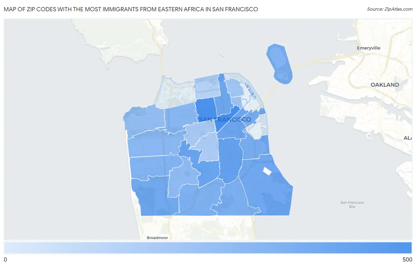 Zip Codes with the Most Immigrants from Eastern Africa in San Francisco Map