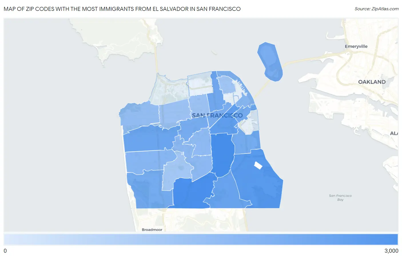 Zip Codes with the Most Immigrants from El Salvador in San Francisco Map