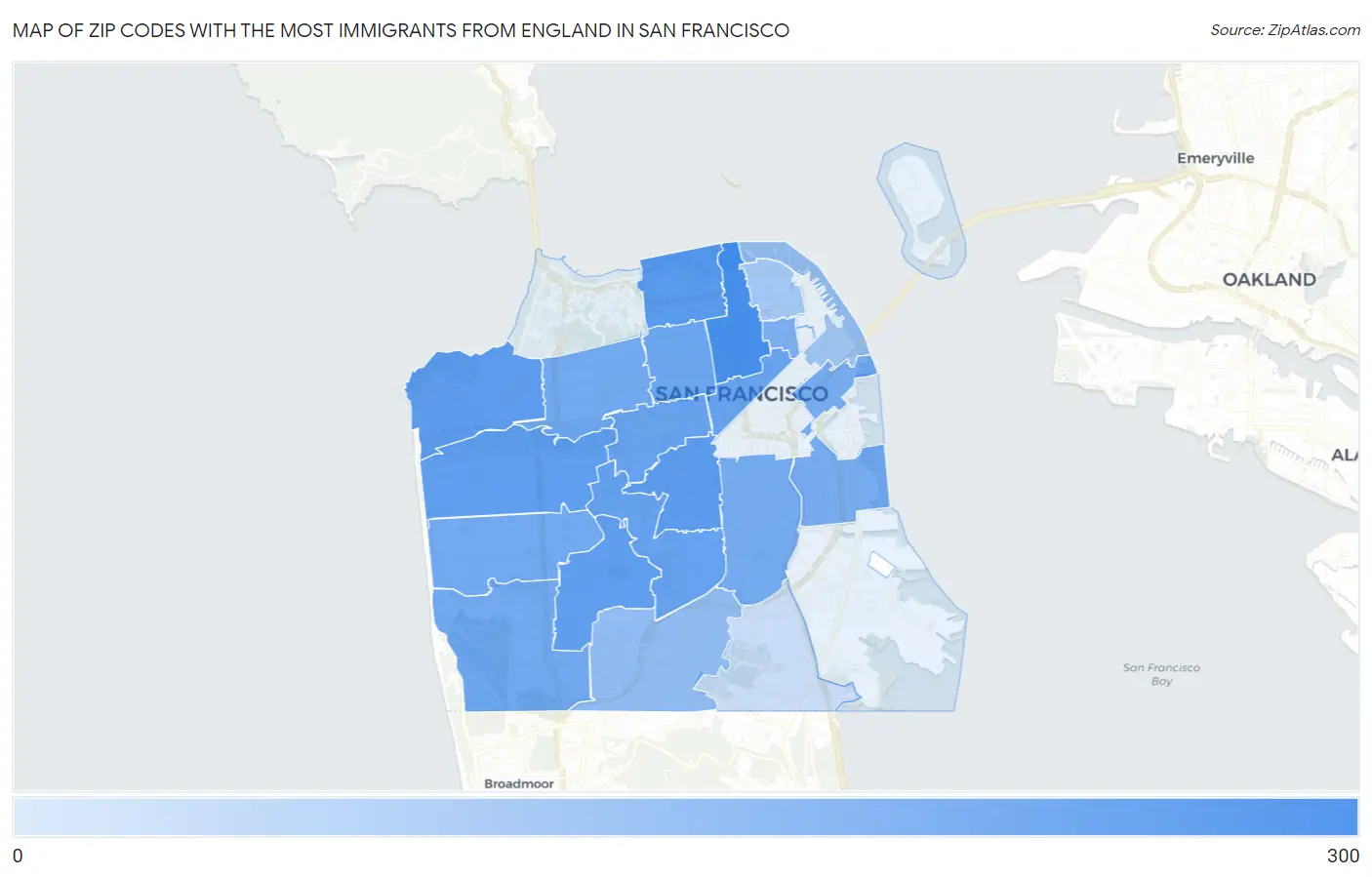 Zip Codes with the Most Immigrants from England in San Francisco Map