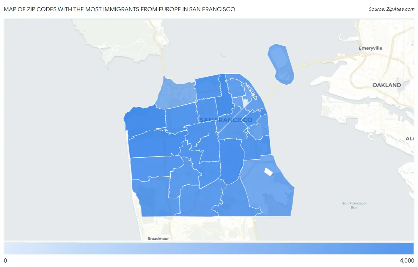 Zip Codes with the Most Immigrants from Europe in San Francisco Map