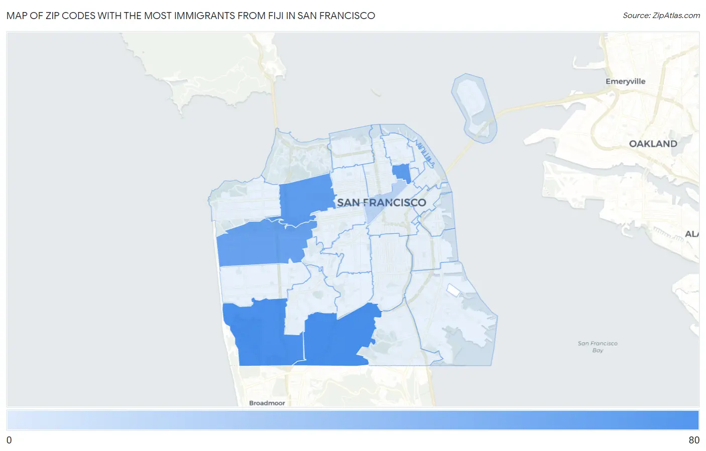 Zip Codes with the Most Immigrants from Fiji in San Francisco Map