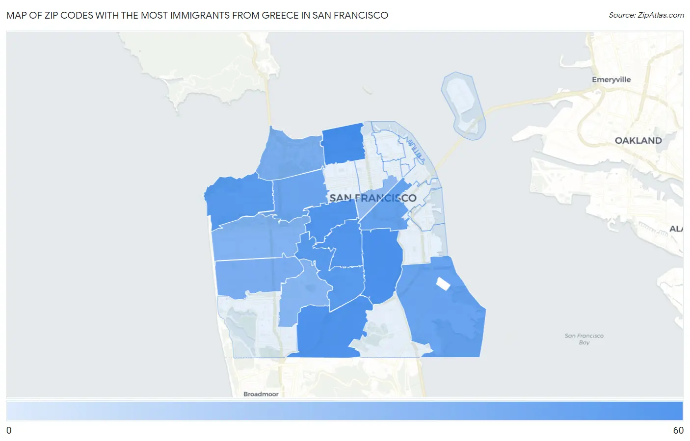 Zip Codes with the Most Immigrants from Greece in San Francisco Map