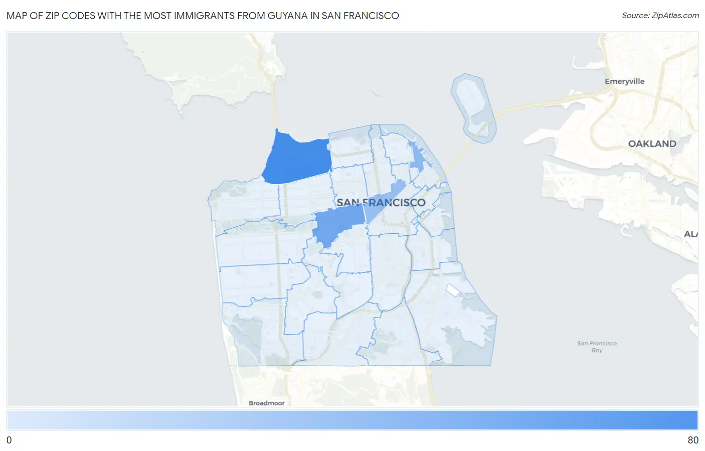 Zip Codes with the Most Immigrants from Guyana in San Francisco Map