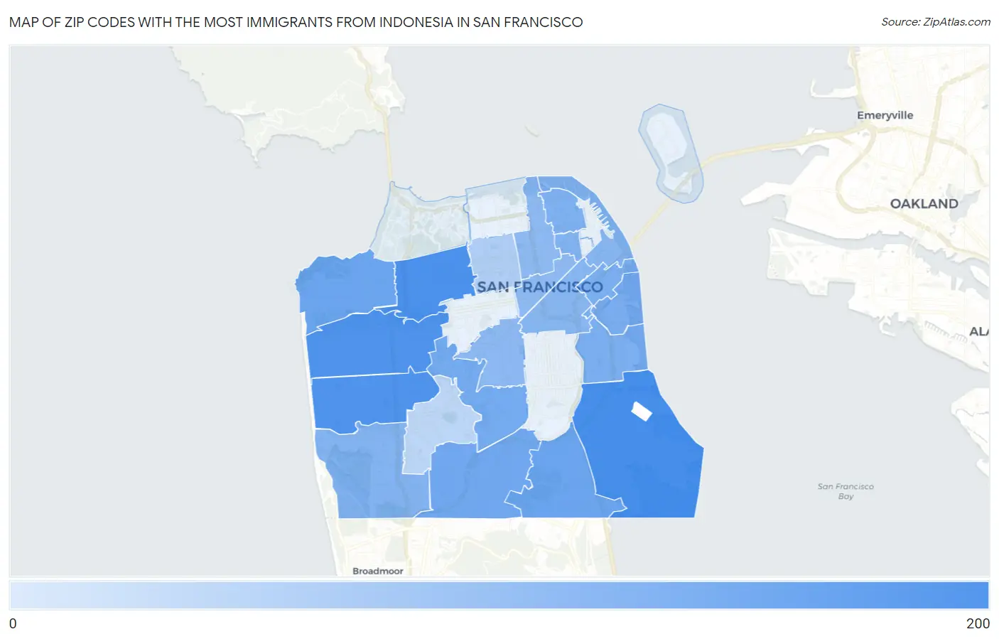 Zip Codes with the Most Immigrants from Indonesia in San Francisco Map