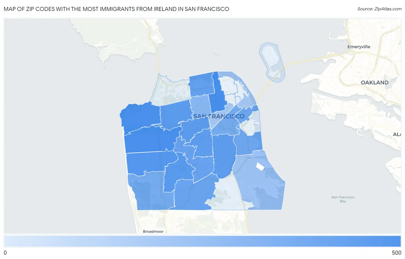 Zip Codes with the Most Immigrants from Ireland in San Francisco Map