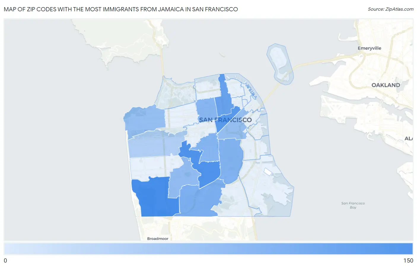 Zip Codes with the Most Immigrants from Jamaica in San Francisco Map