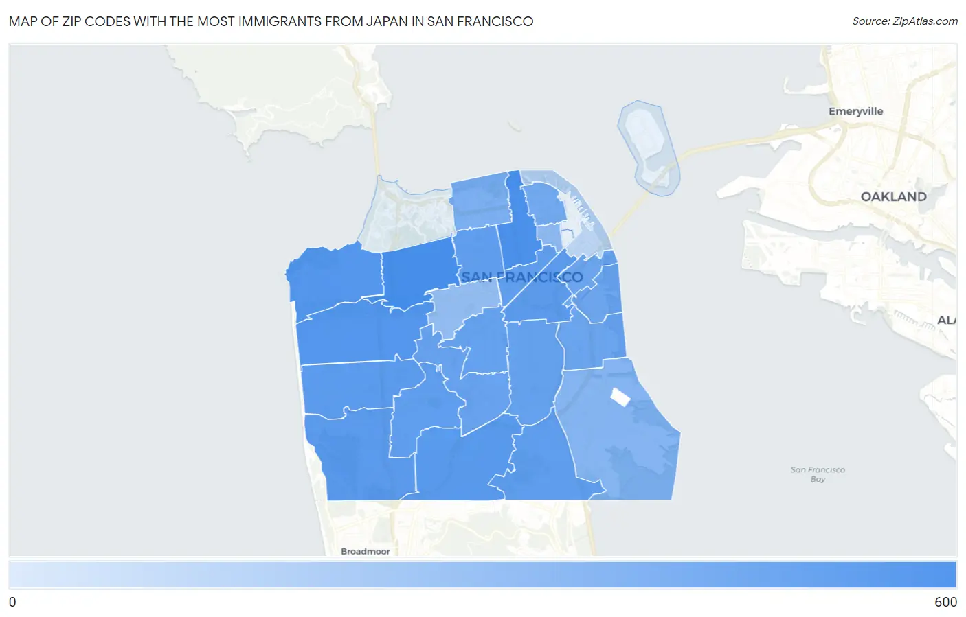 Zip Codes with the Most Immigrants from Japan in San Francisco Map