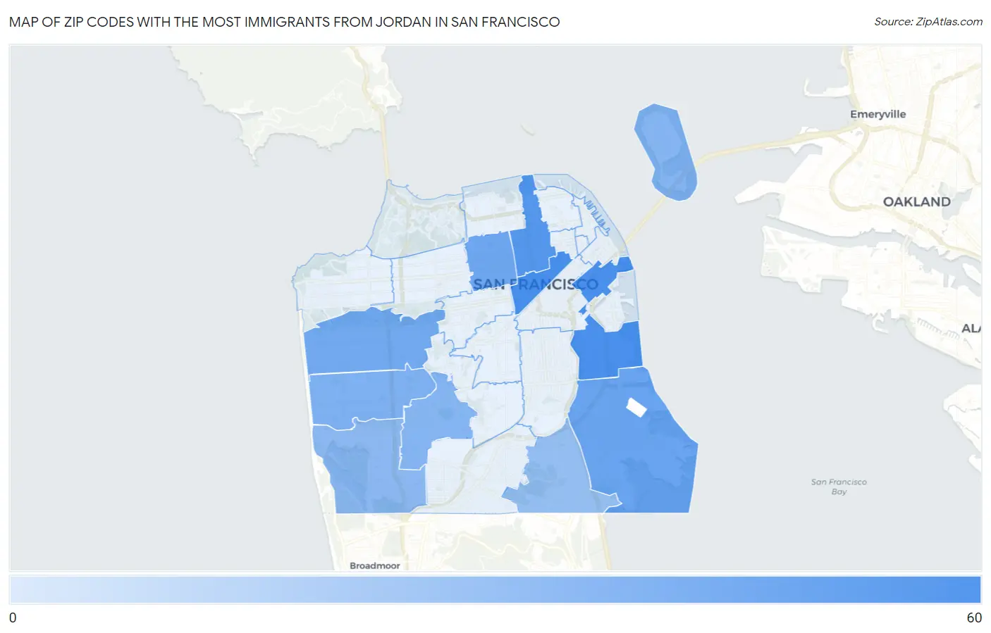 Zip Codes with the Most Immigrants from Jordan in San Francisco Map