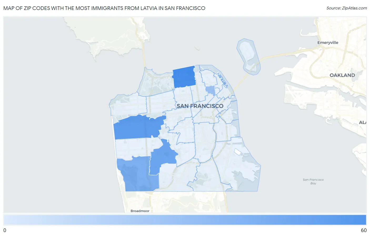 Zip Codes with the Most Immigrants from Latvia in San Francisco Map