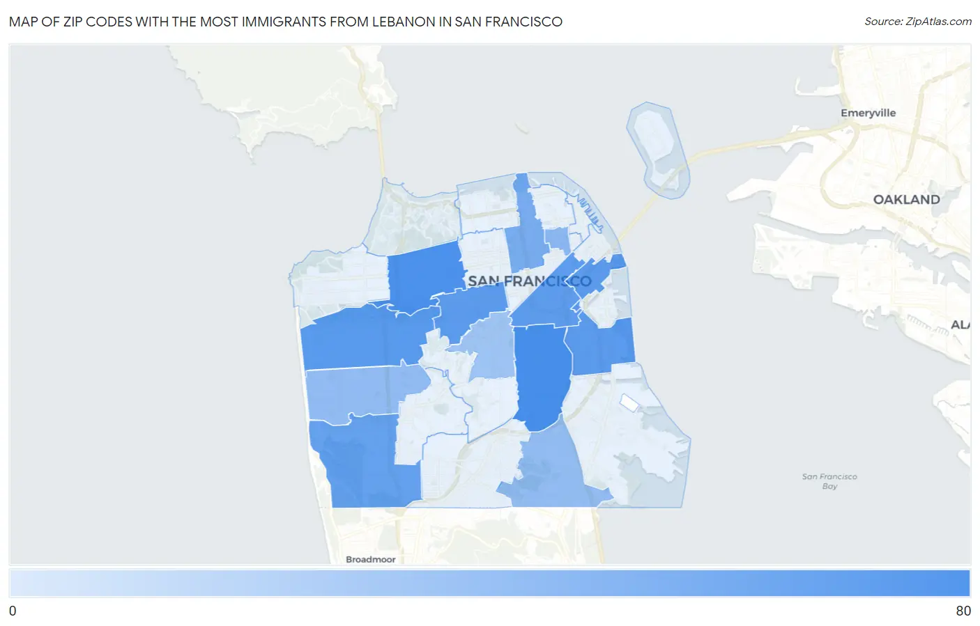 Zip Codes with the Most Immigrants from Lebanon in San Francisco Map