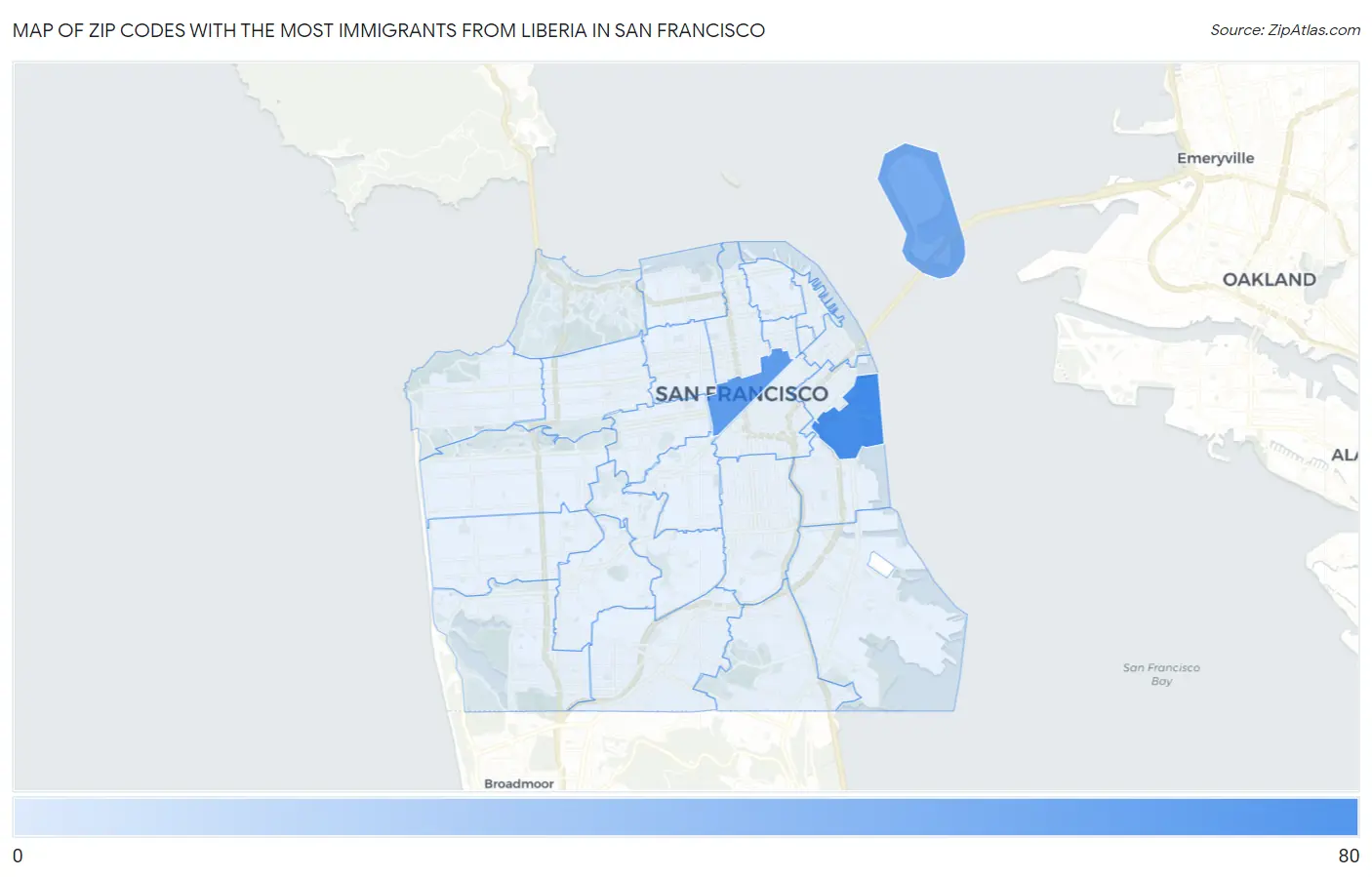 Zip Codes with the Most Immigrants from Liberia in San Francisco Map