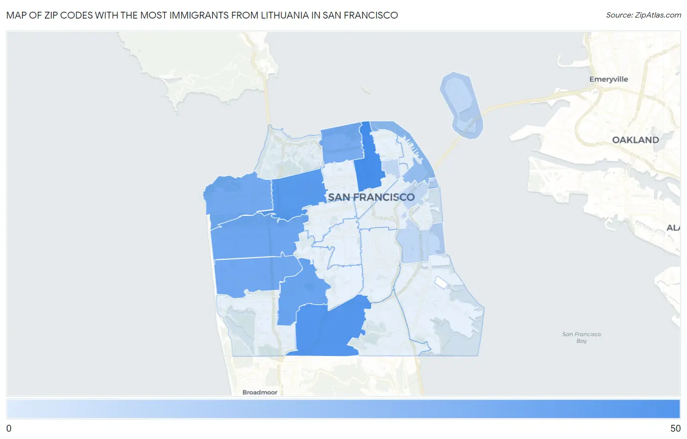 Zip Codes with the Most Immigrants from Lithuania in San Francisco Map