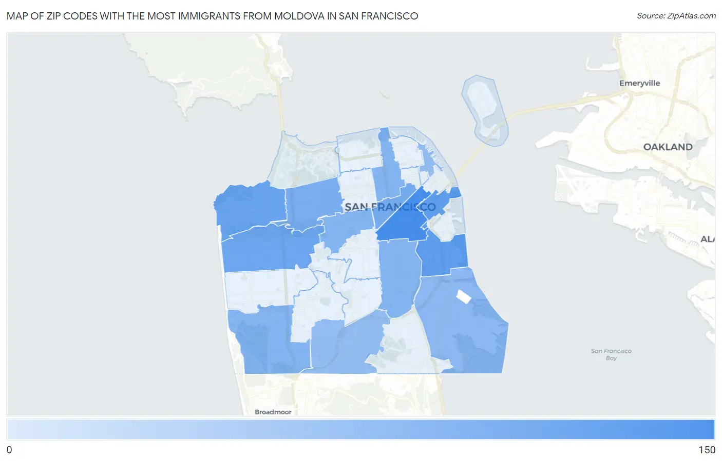 Zip Codes with the Most Immigrants from Moldova in San Francisco Map
