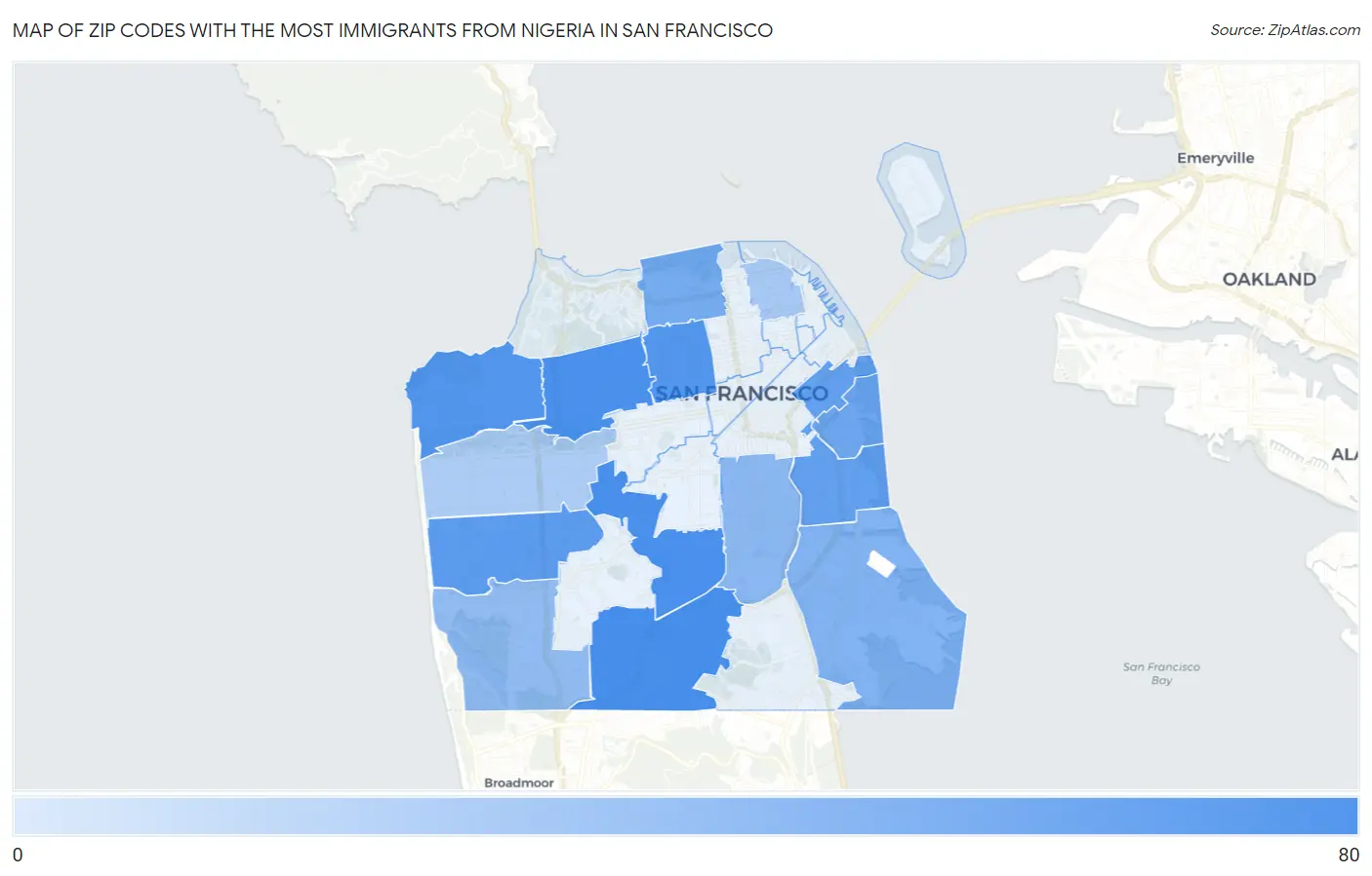Zip Codes with the Most Immigrants from Nigeria in San Francisco Map