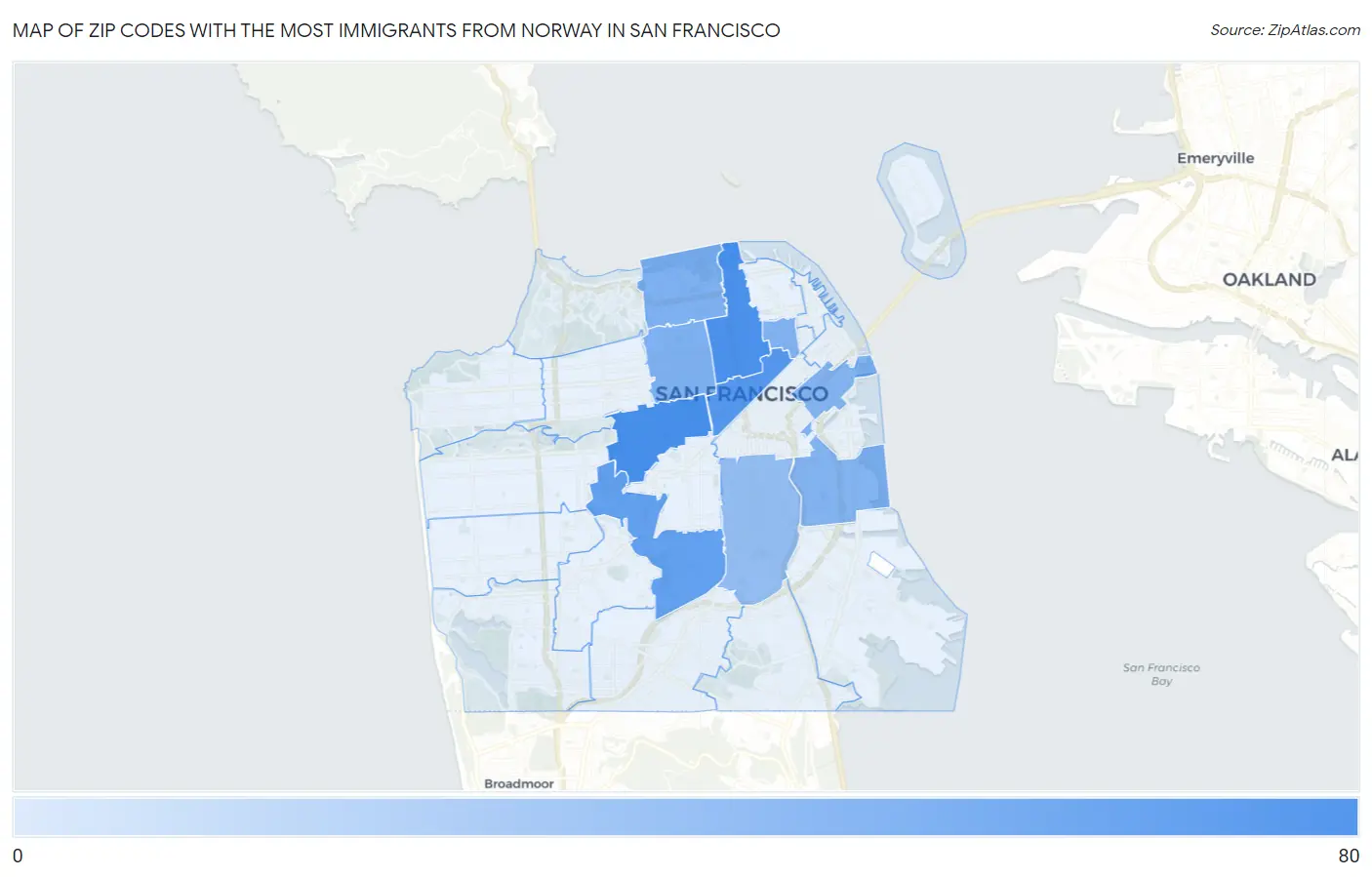 Zip Codes with the Most Immigrants from Norway in San Francisco Map