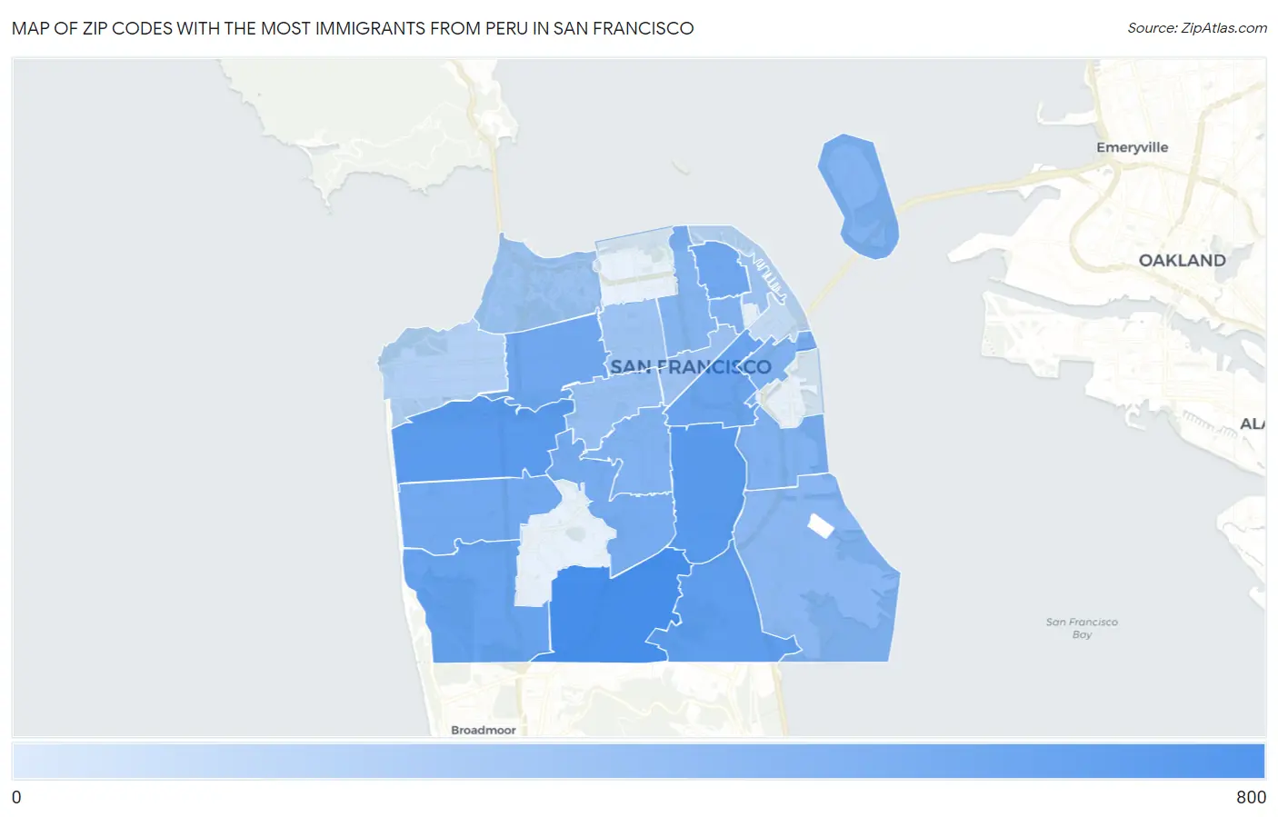 Zip Codes with the Most Immigrants from Peru in San Francisco Map
