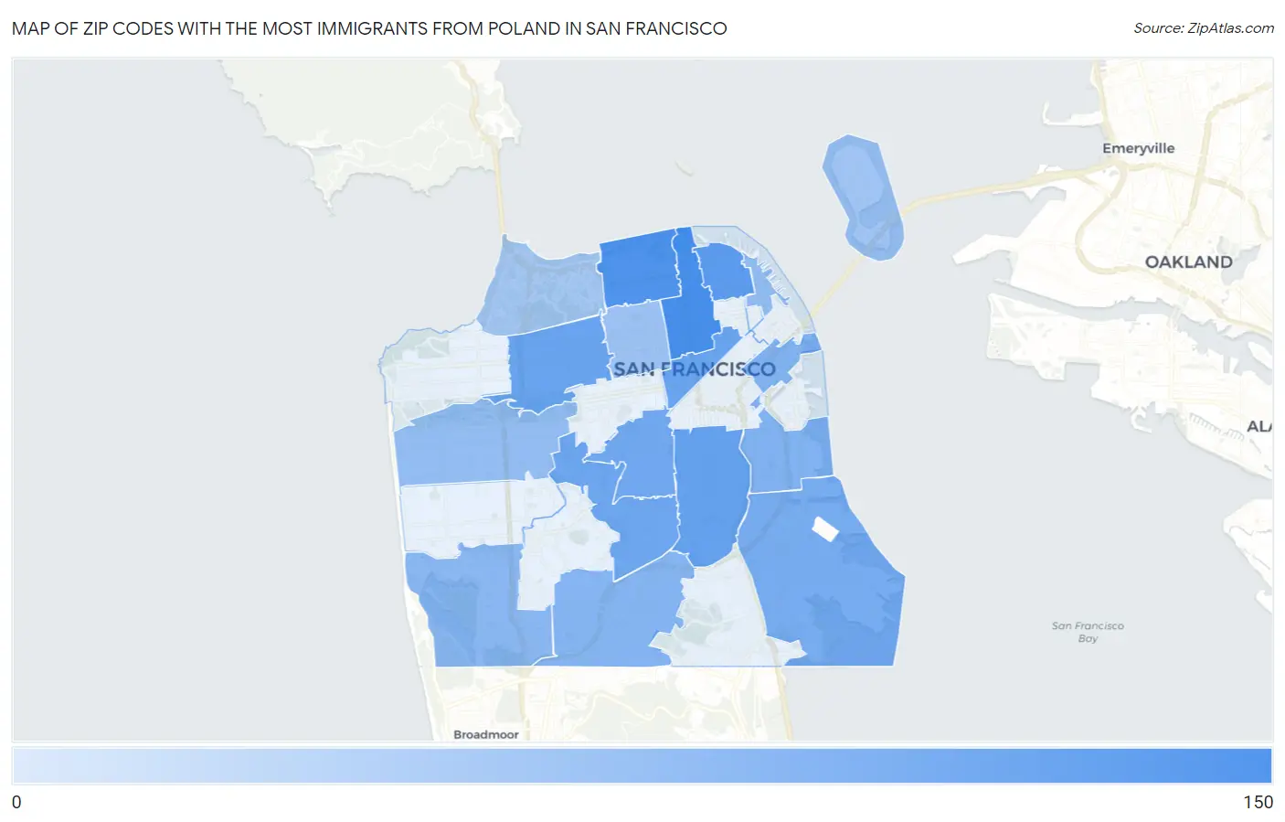 Zip Codes with the Most Immigrants from Poland in San Francisco Map