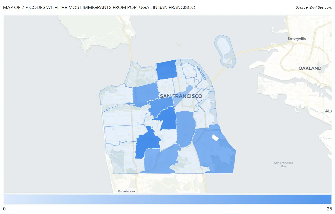 Zip Codes with the Most Immigrants from Portugal in San Francisco Map
