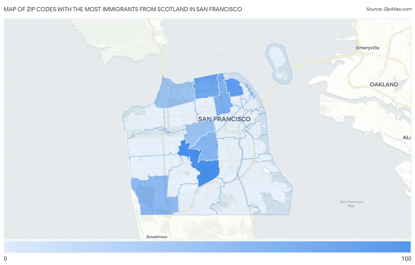 Zip Codes with the Most Immigrants from Scotland in San Francisco Map