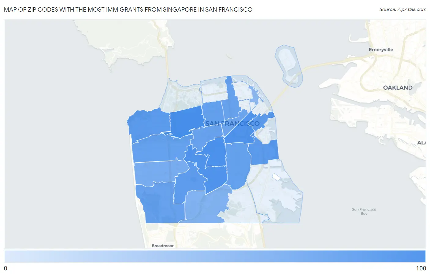 Zip Codes with the Most Immigrants from Singapore in San Francisco Map