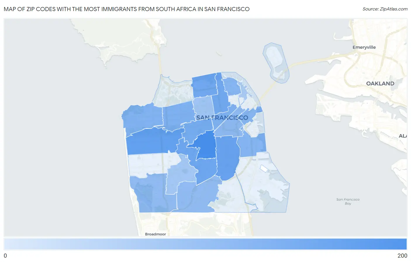 Zip Codes with the Most Immigrants from South Africa in San Francisco Map