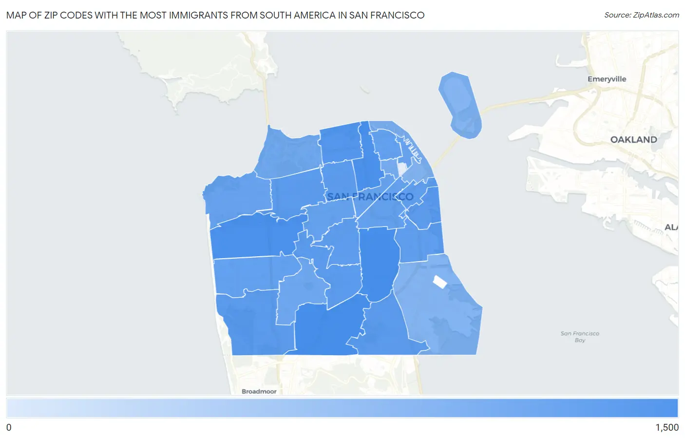 Zip Codes with the Most Immigrants from South America in San Francisco Map