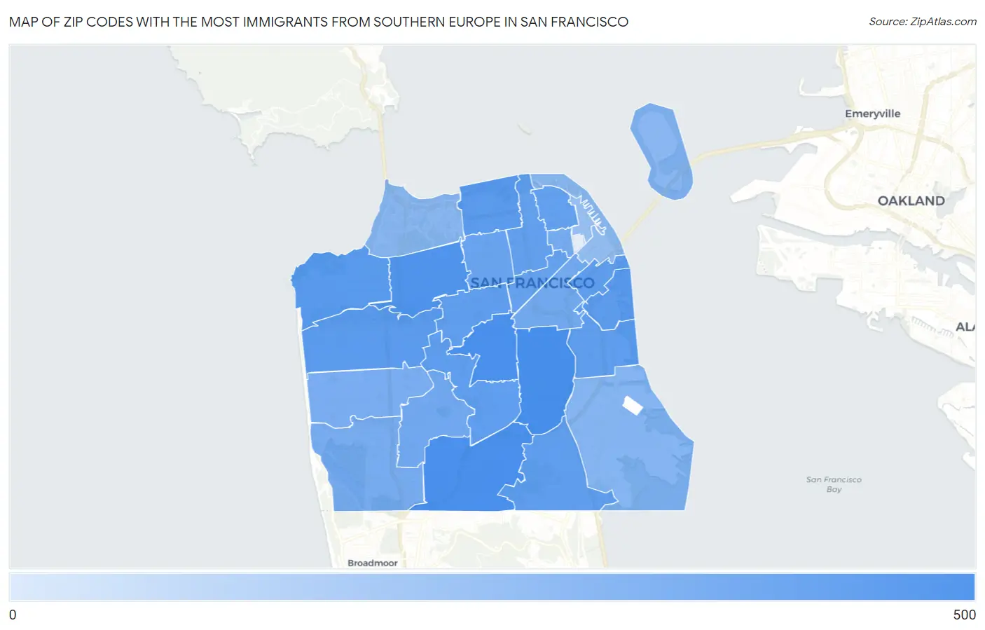 Zip Codes with the Most Immigrants from Southern Europe in San Francisco Map