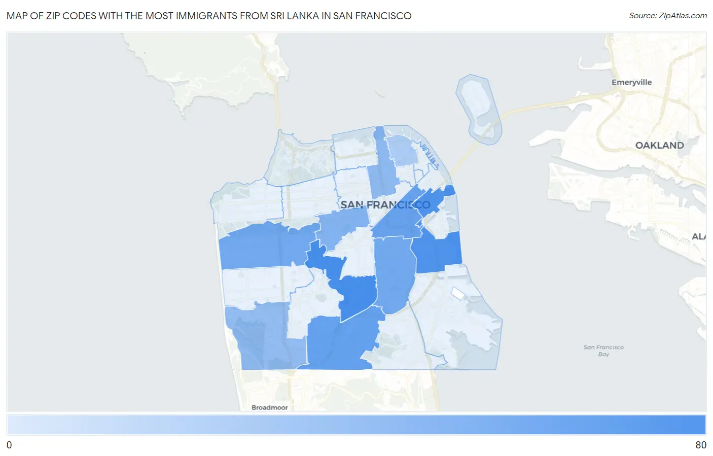 Zip Codes with the Most Immigrants from Sri Lanka in San Francisco Map
