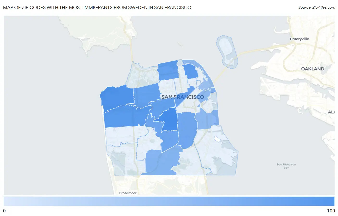 Zip Codes with the Most Immigrants from Sweden in San Francisco Map