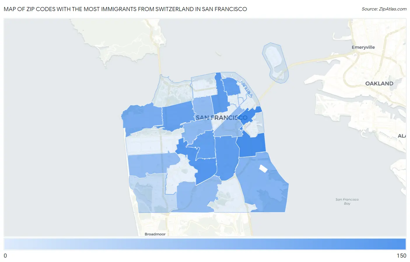 Zip Codes with the Most Immigrants from Switzerland in San Francisco Map