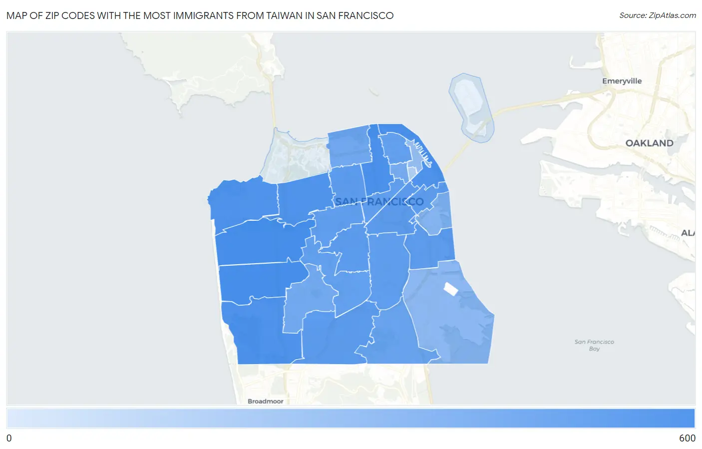 Zip Codes with the Most Immigrants from Taiwan in San Francisco Map