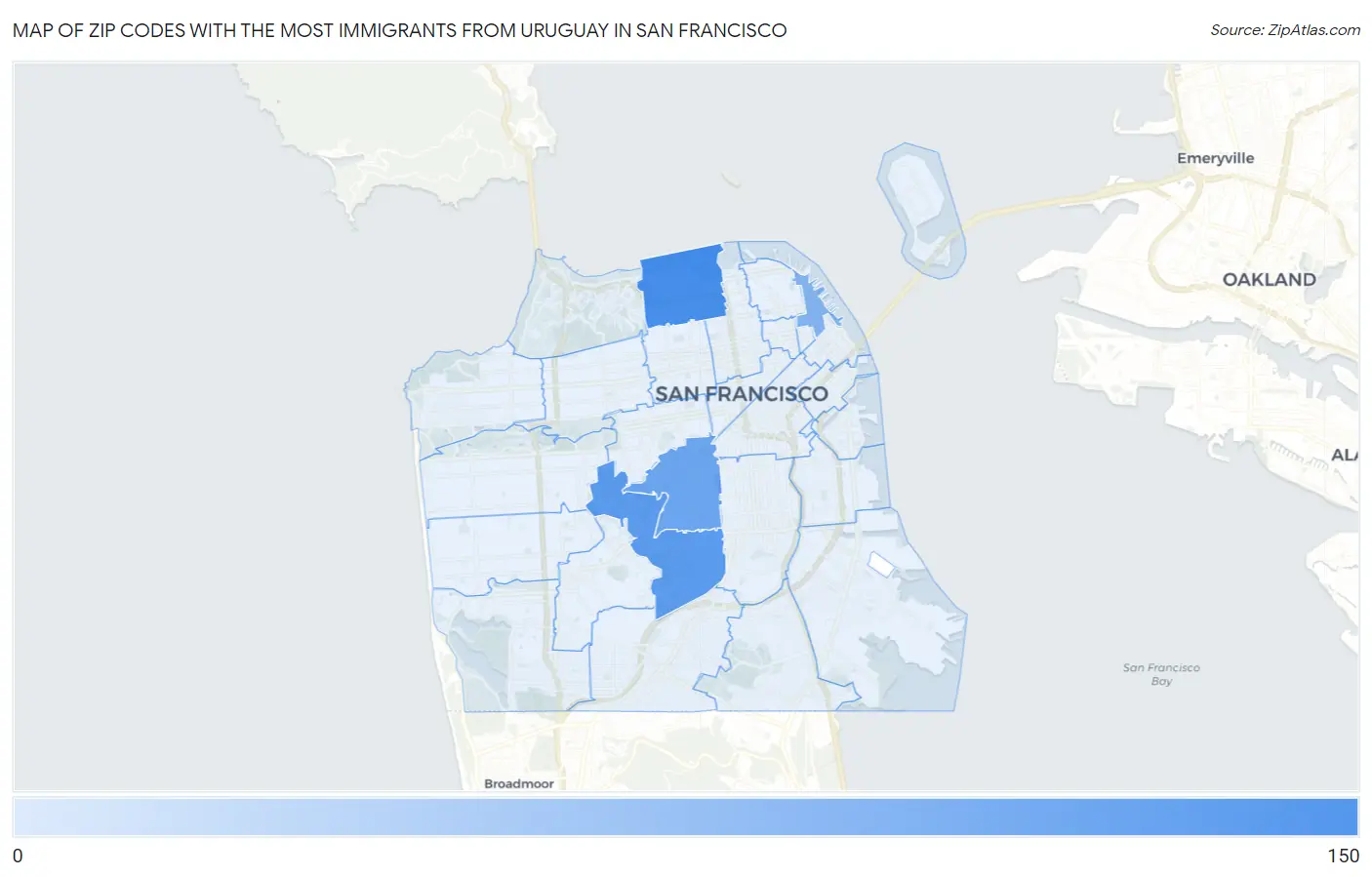 Zip Codes with the Most Immigrants from Uruguay in San Francisco Map