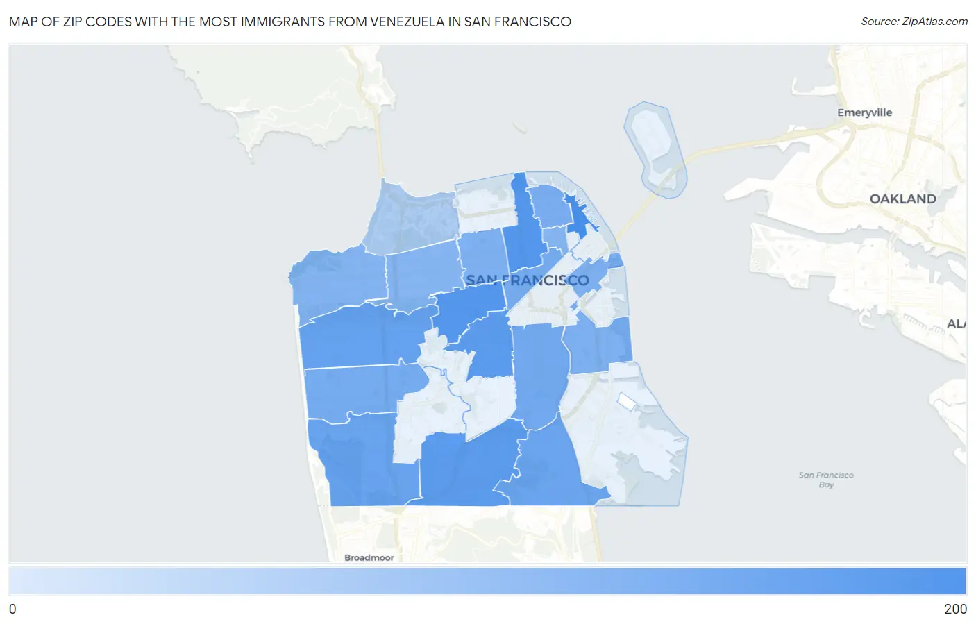 Zip Codes with the Most Immigrants from Venezuela in San Francisco Map