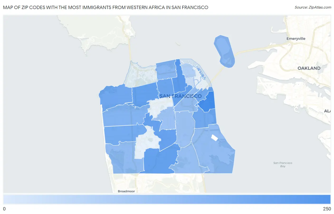 Zip Codes with the Most Immigrants from Western Africa in San Francisco Map