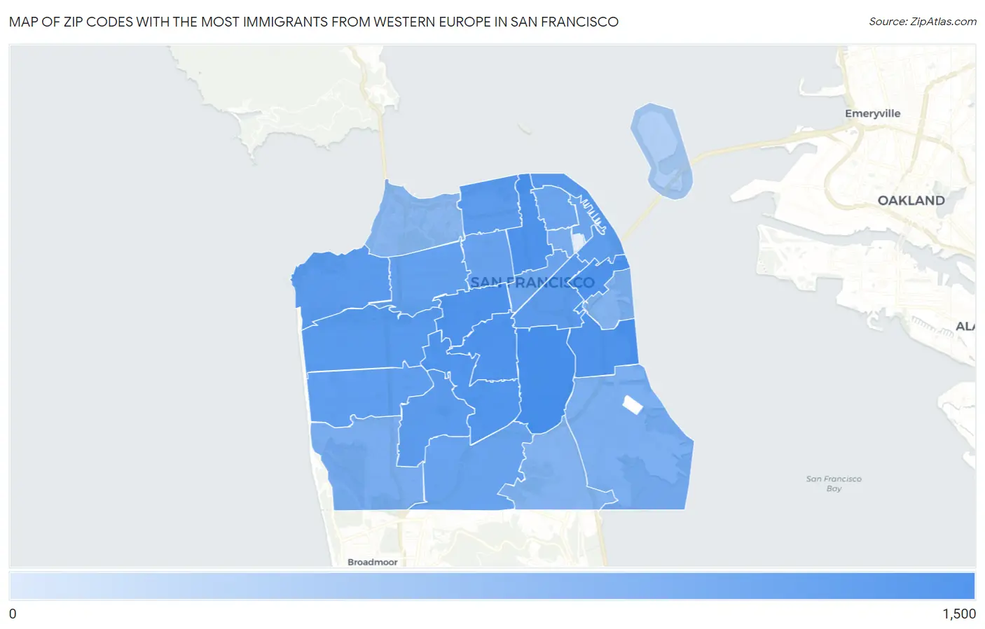 Zip Codes with the Most Immigrants from Western Europe in San Francisco Map