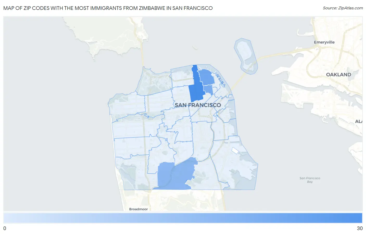Zip Codes with the Most Immigrants from Zimbabwe in San Francisco Map