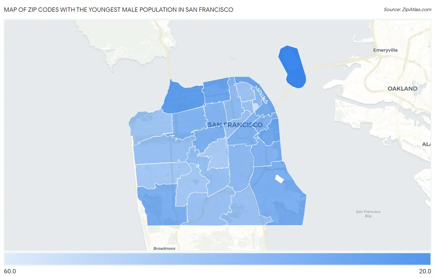 Zip Codes with the Youngest Male Population in San Francisco Map