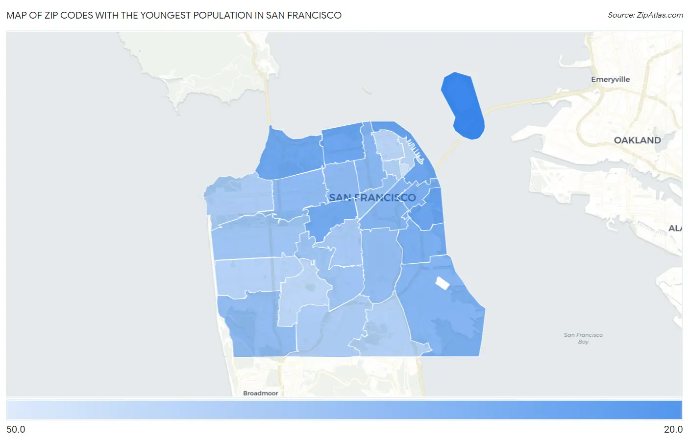 Zip Codes with the Youngest Population in San Francisco Map