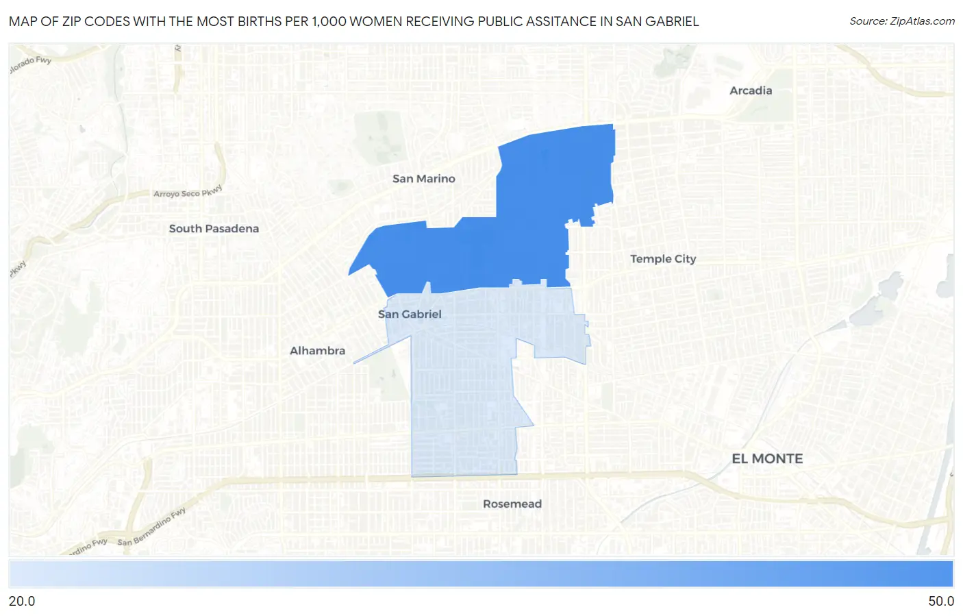 Zip Codes with the Most Births per 1,000 Women Receiving Public Assitance in San Gabriel Map