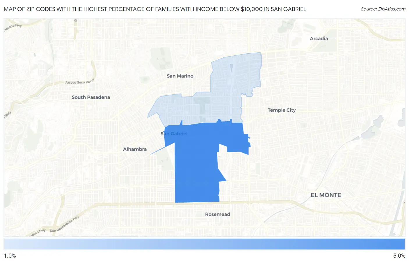 Zip Codes with the Highest Percentage of Families with Income Below $10,000 in San Gabriel Map
