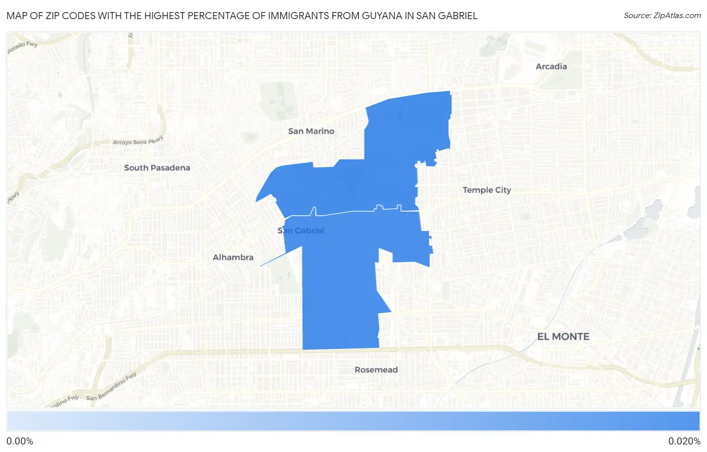 Zip Codes with the Highest Percentage of Immigrants from Guyana in San Gabriel Map