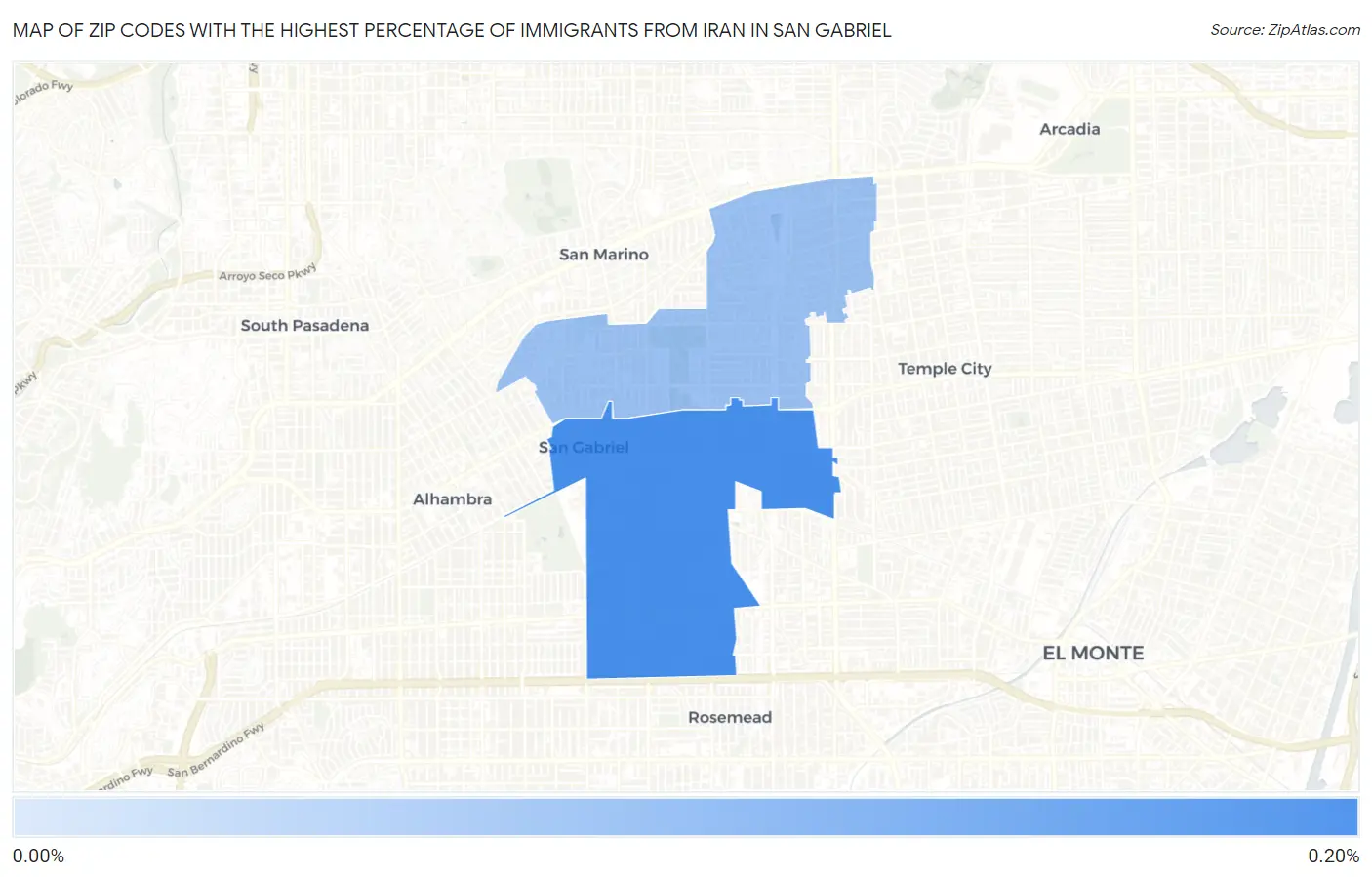 Zip Codes with the Highest Percentage of Immigrants from Iran in San Gabriel Map