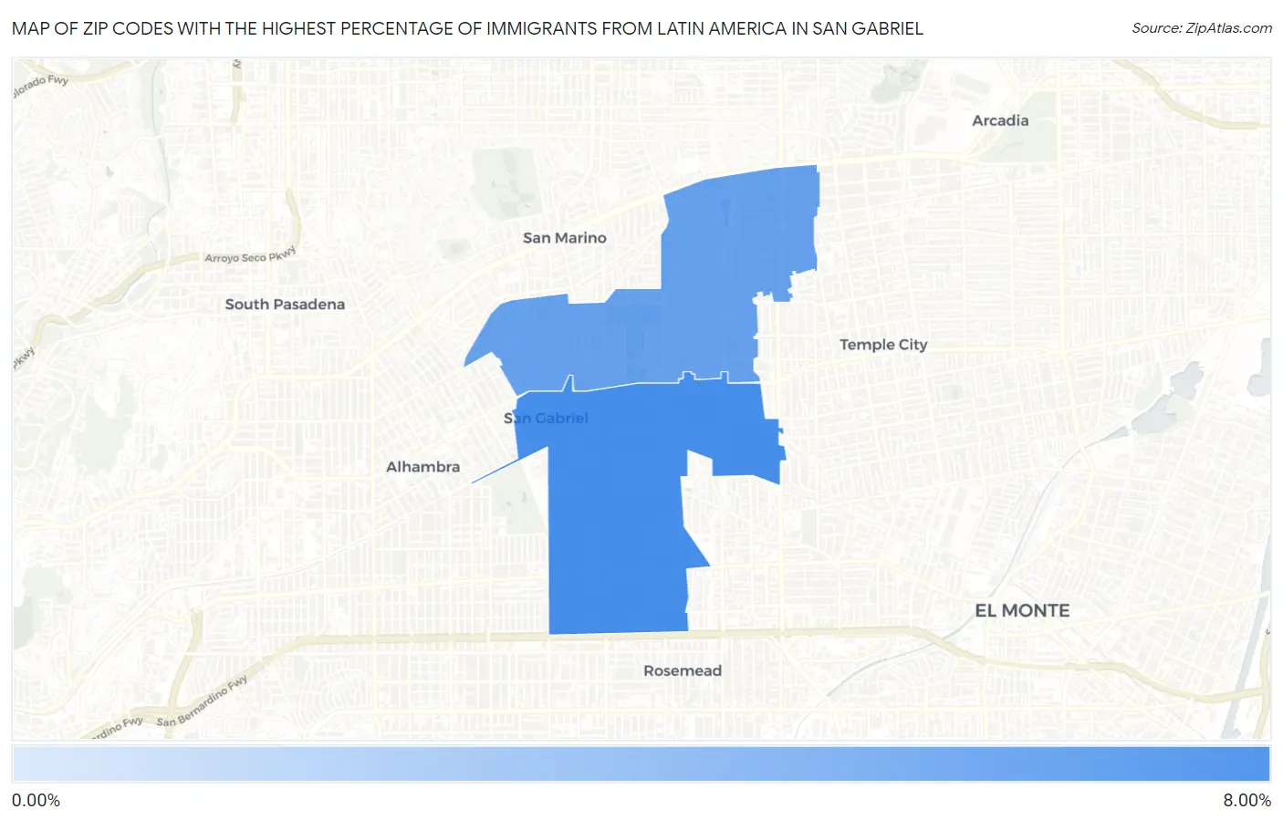 Zip Codes with the Highest Percentage of Immigrants from Latin America in San Gabriel Map