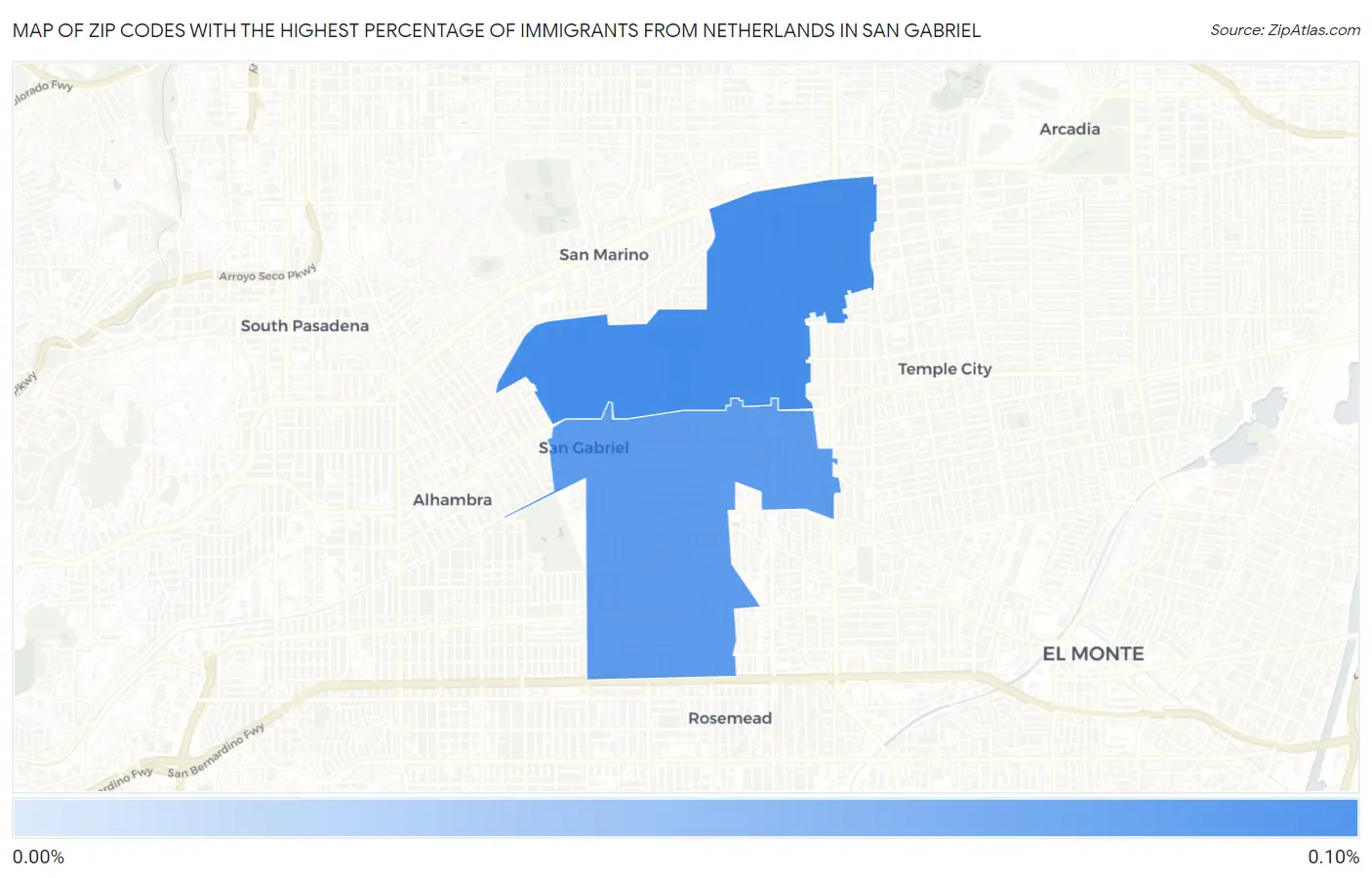 Zip Codes with the Highest Percentage of Immigrants from Netherlands in San Gabriel Map