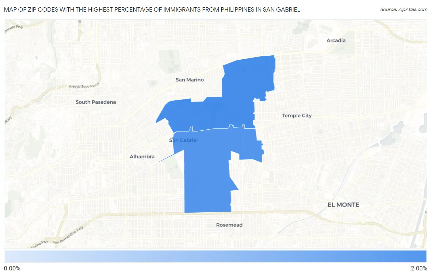 Zip Codes with the Highest Percentage of Immigrants from Philippines in San Gabriel Map