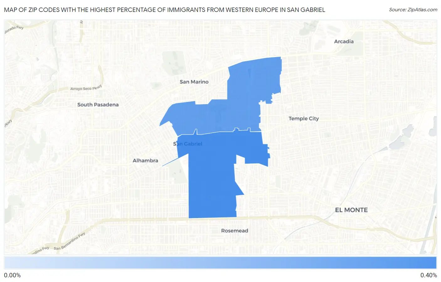 Zip Codes with the Highest Percentage of Immigrants from Western Europe in San Gabriel Map
