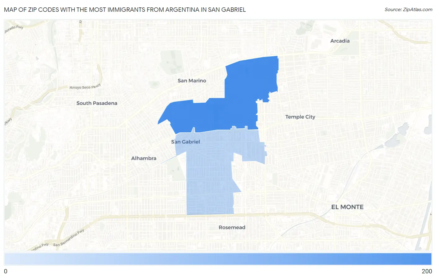 Zip Codes with the Most Immigrants from Argentina in San Gabriel Map