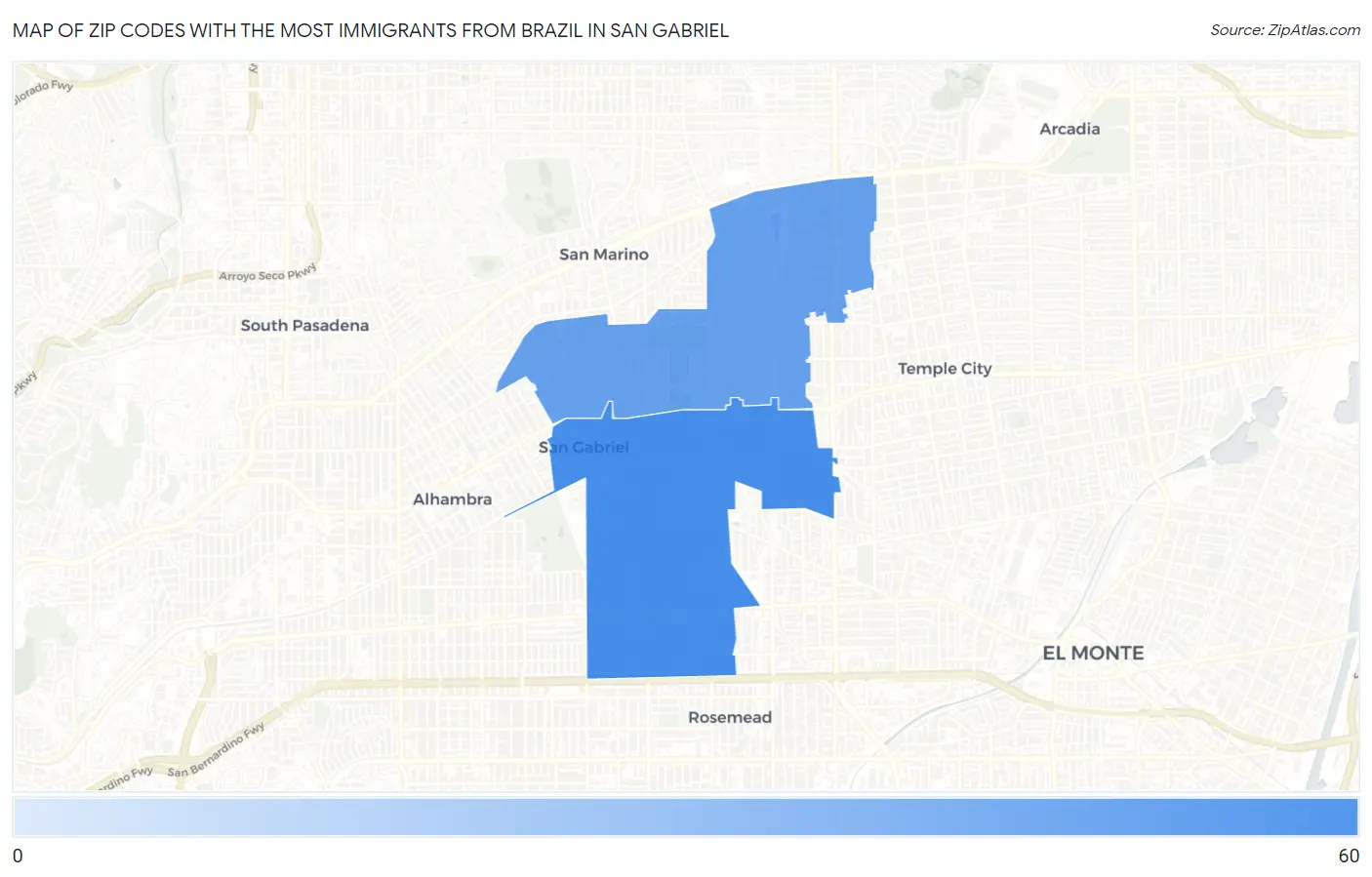 Zip Codes with the Most Immigrants from Brazil in San Gabriel Map